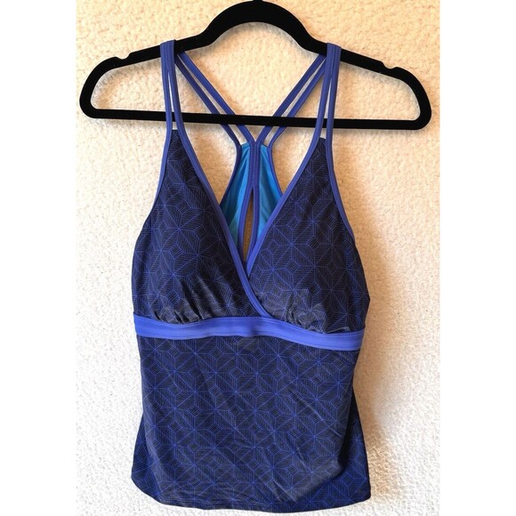 LL Bean Blue Tankini Swim Top Womens Criss Cross Back Padded Geometric Pattern S - Picture 1 of 6